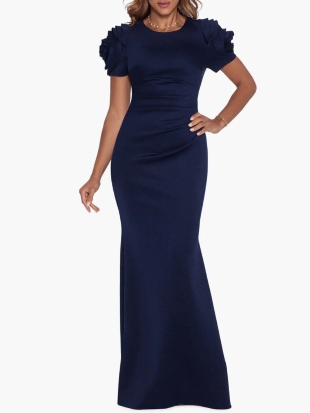 Xscape Size 14 Navy Blue Ruffle Short Sleeve Scuba Knit Maxi Gown $289 Cocktail